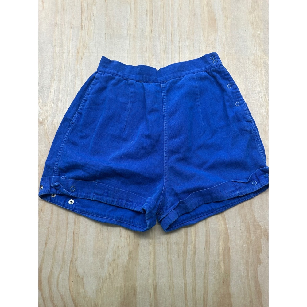 Vintage Moore Royal Blue Cotton Gym Shorts Side Snap High Waist Kids 14-26 Waist
